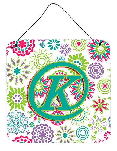 Caroline's Treasures CJ2011-KDS66 Letter K Flowers Pink Teal Green Initial Wall or Door Hanging Prints Aluminum Metal Sign Kitchen Wall Bar Bathroom Plaque Home Decor, 6x6, Multicolor