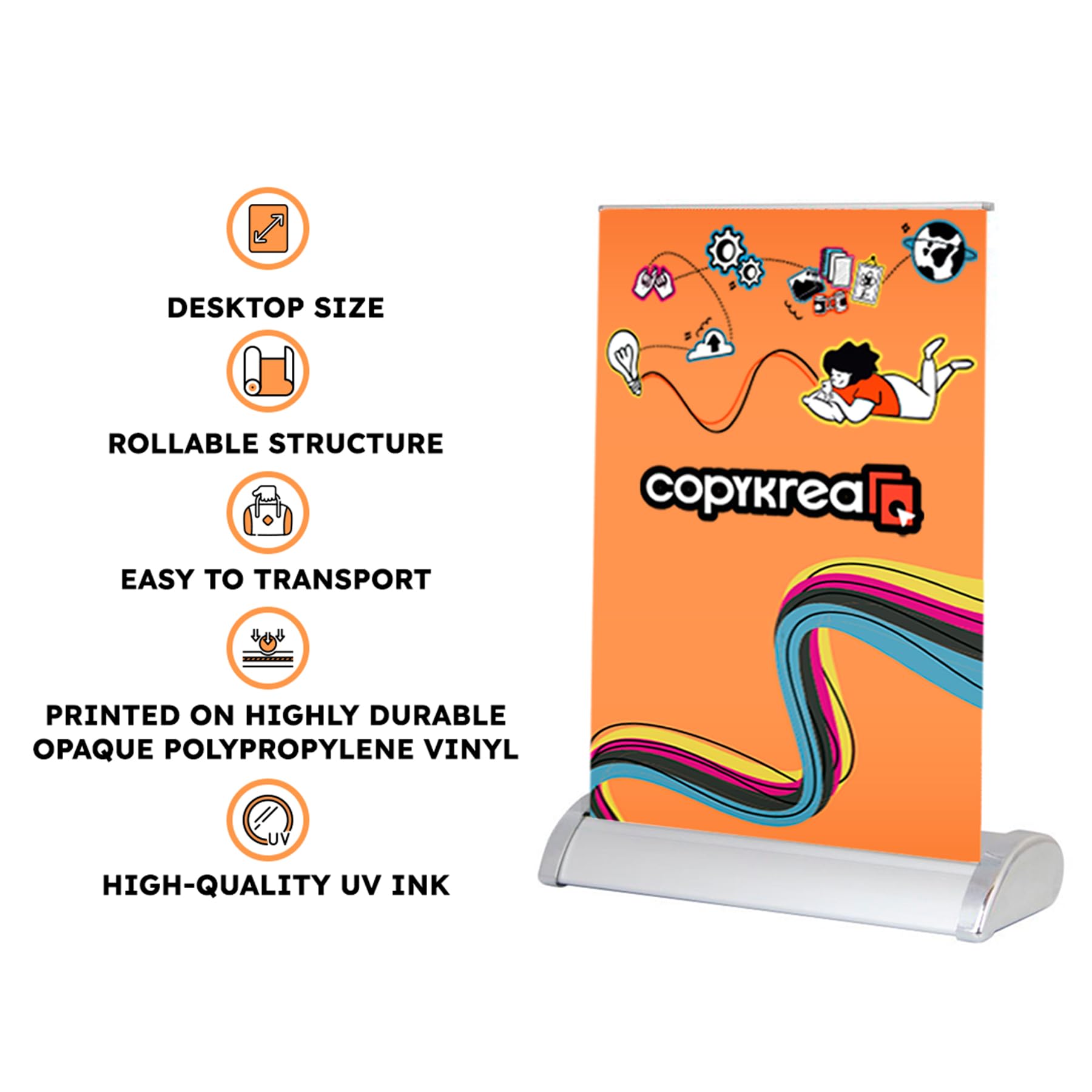 Mini Roll Up personalizado en A4 (21x29,7 cm) | Expositor publicitario de sobremesa con impresión incluida | Estructura retráctil en plateado
