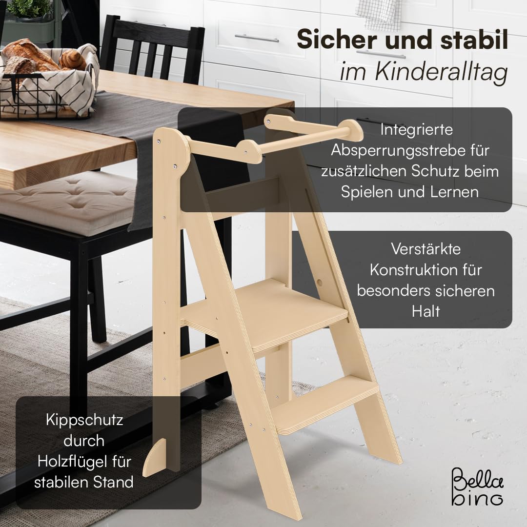 Bellabino Tay Lernturm ab 1 Jahr – Learning Tower 2-Fach höhenverstellbar & klappbar – Lernstuhl in Natur für Kinder – Montessori Stehturm aus Birkenholz – sicherer Tritthocker mit Kippschutz
