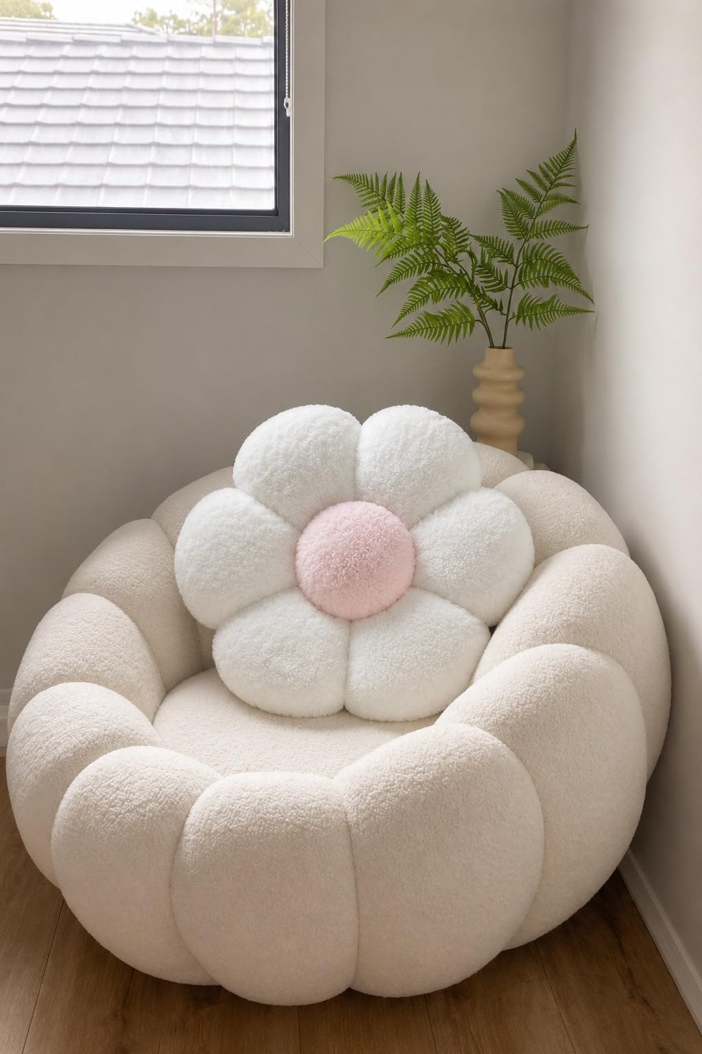 Flower Shape Teddy Plush Cushion Pillow | Soft Decorative Floral Throw Cushion for Sofa, Bed, Kids Room & Reading Corner | White & Pink-image-22