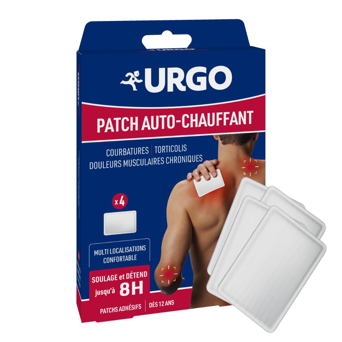 Urgo - Patch auto-​chauffant multi localisation x4unités - Soulage les douleurs musculaires jusqu'à 8h : courbatures de la nuque tels que les torticolis, ou des épaules - Doux et agréable