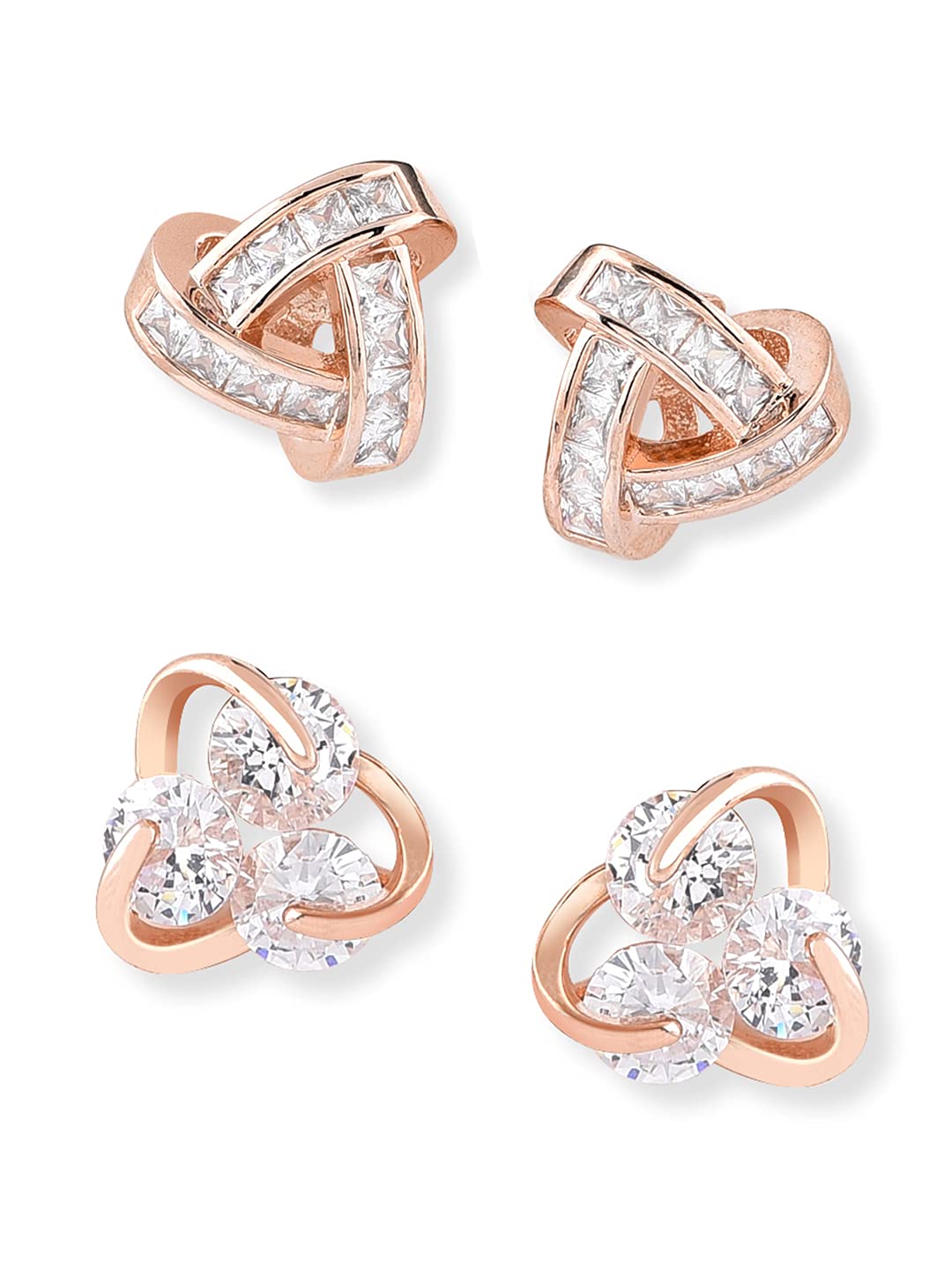 Set of 2 Rose Gold Contemporary Cubic Zirconia Brass Stud Earrings For Women-ZPFK11150-image-48
