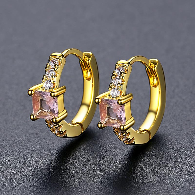Square Cut Pink Moissanite Hoop Earrings, 14K Gold Huggies Earrings for Women, Fashion Gift for Her3