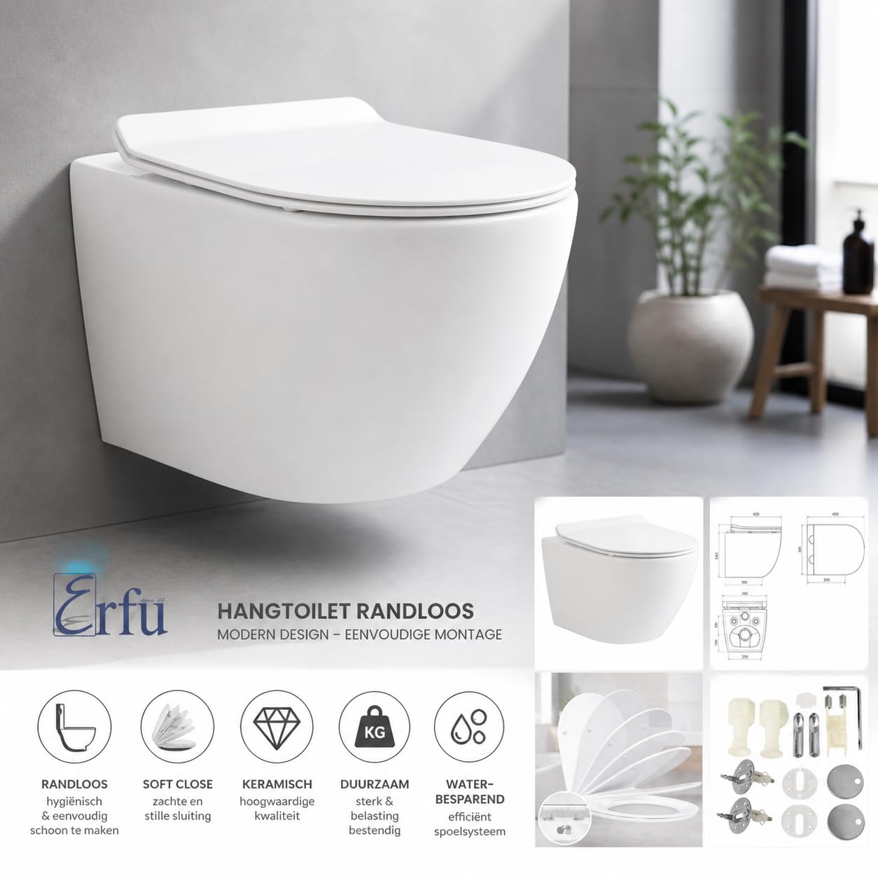 WC Suspendu Mural avec Fixations Invisibles, Sans Bride (Rimless), Abattant Soft-Close Ultra-Fin, Cuvette en Céramique Facile à Nettoyer, Design Moderne Rond Blanc Brillant Gain de Place