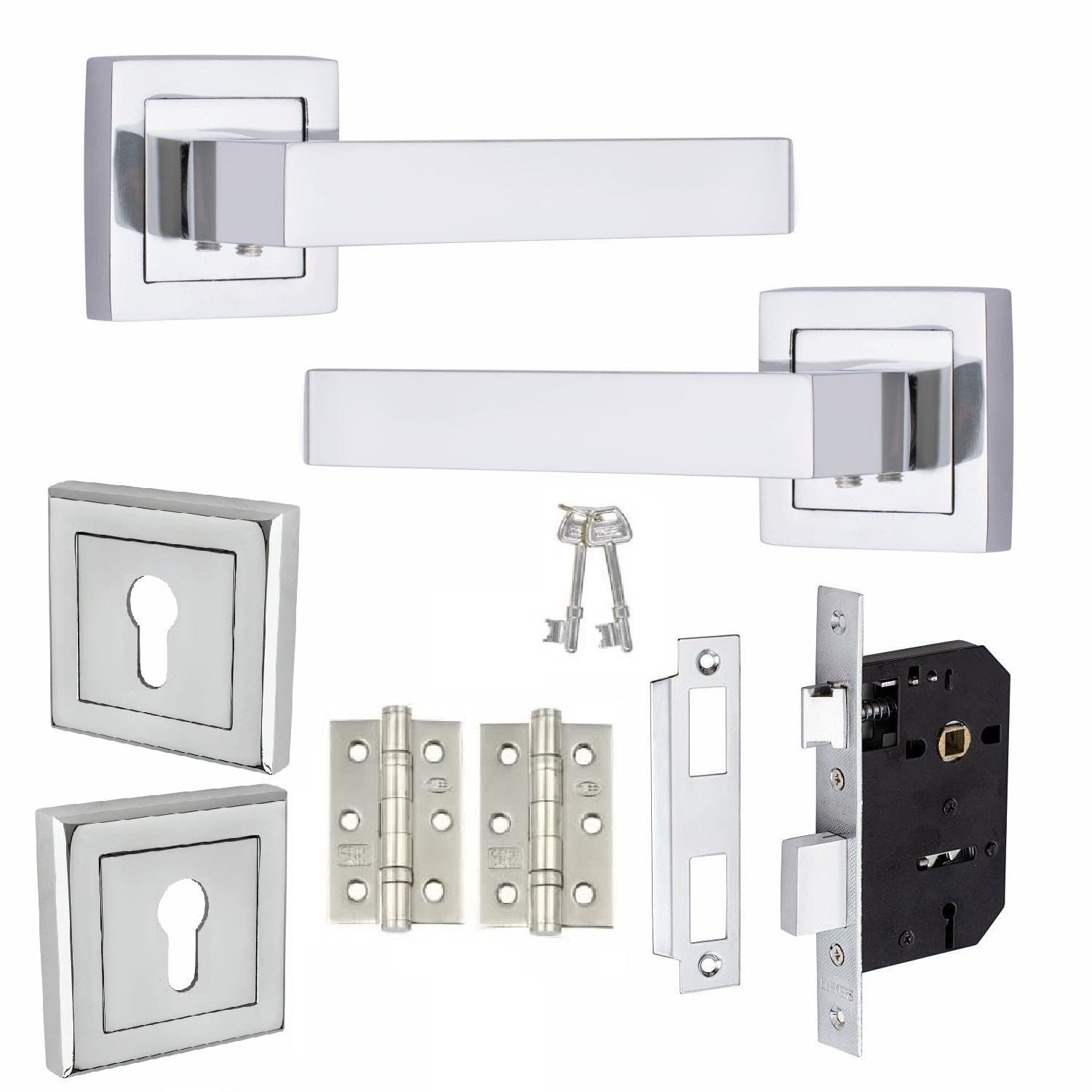 Golden Grace Polished Chrome Delta Door Handles Set - Square Rose Base - Contemporary Design