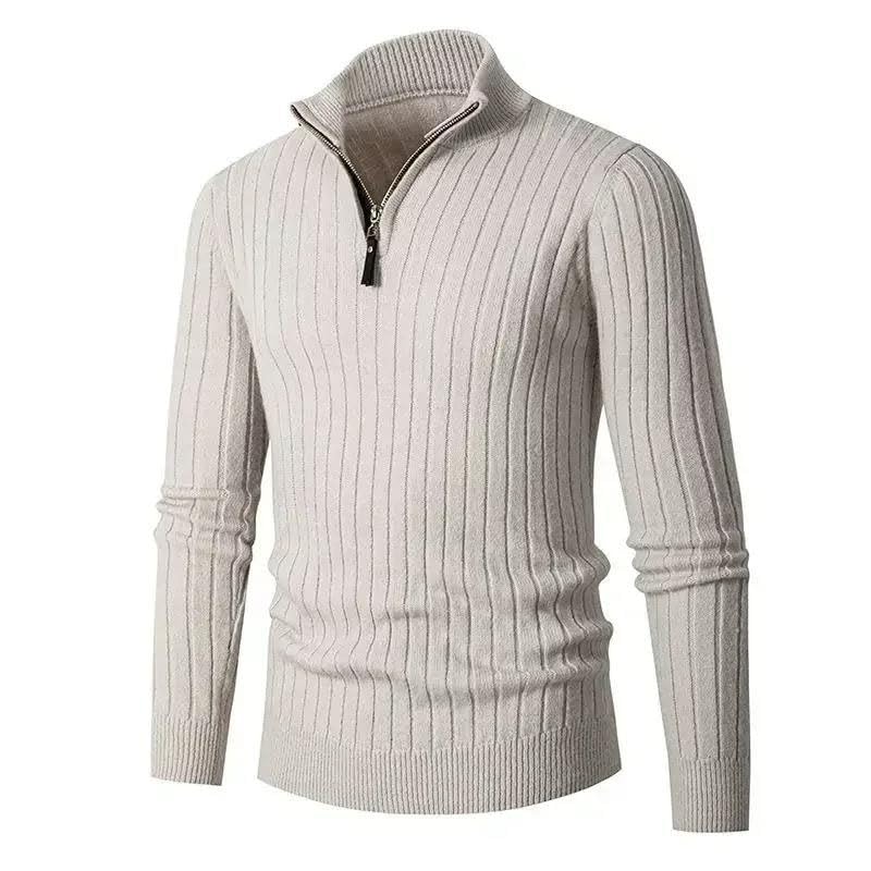 Men Turtleneck Sweater, Long-Sleeved Vertical Striped Half-Zip Base Layer Knitted Sweater2