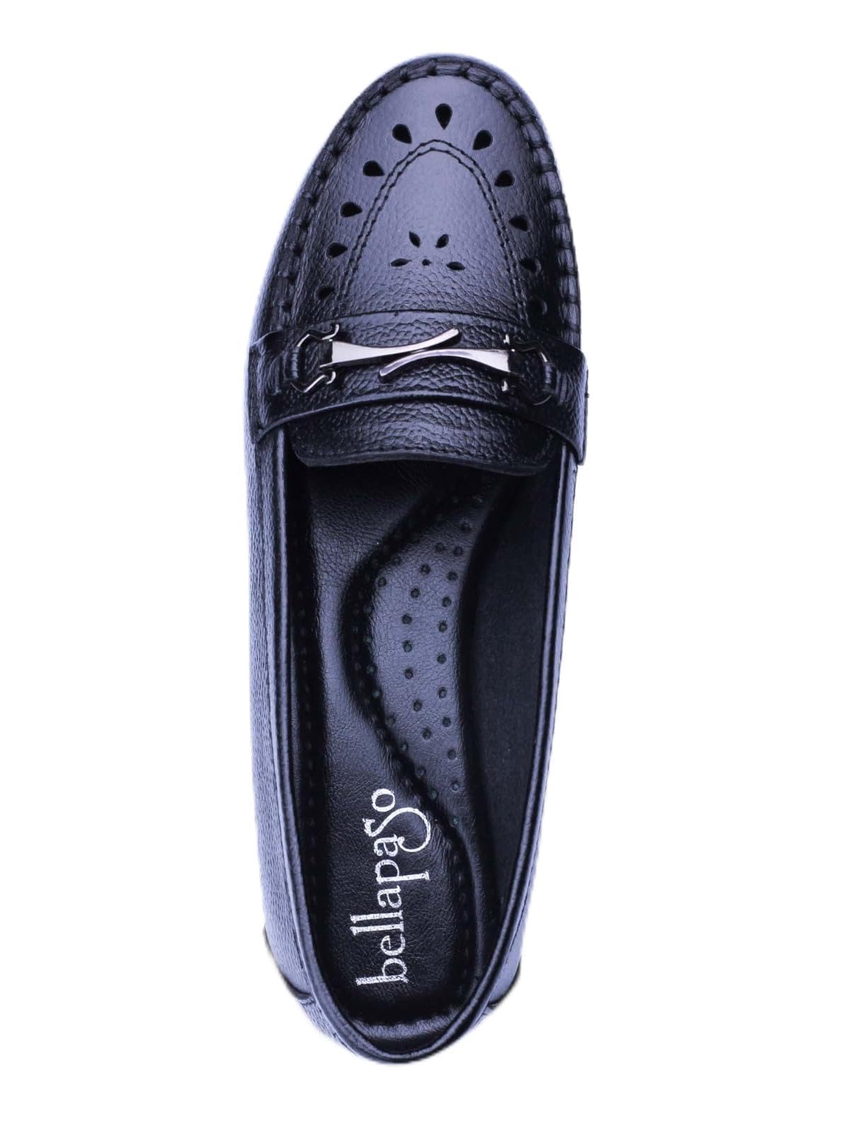 bellapaso Women's Black Loafers, Perforated Leather Slip-On Flats with Metal Buckle Detail-picture-30
