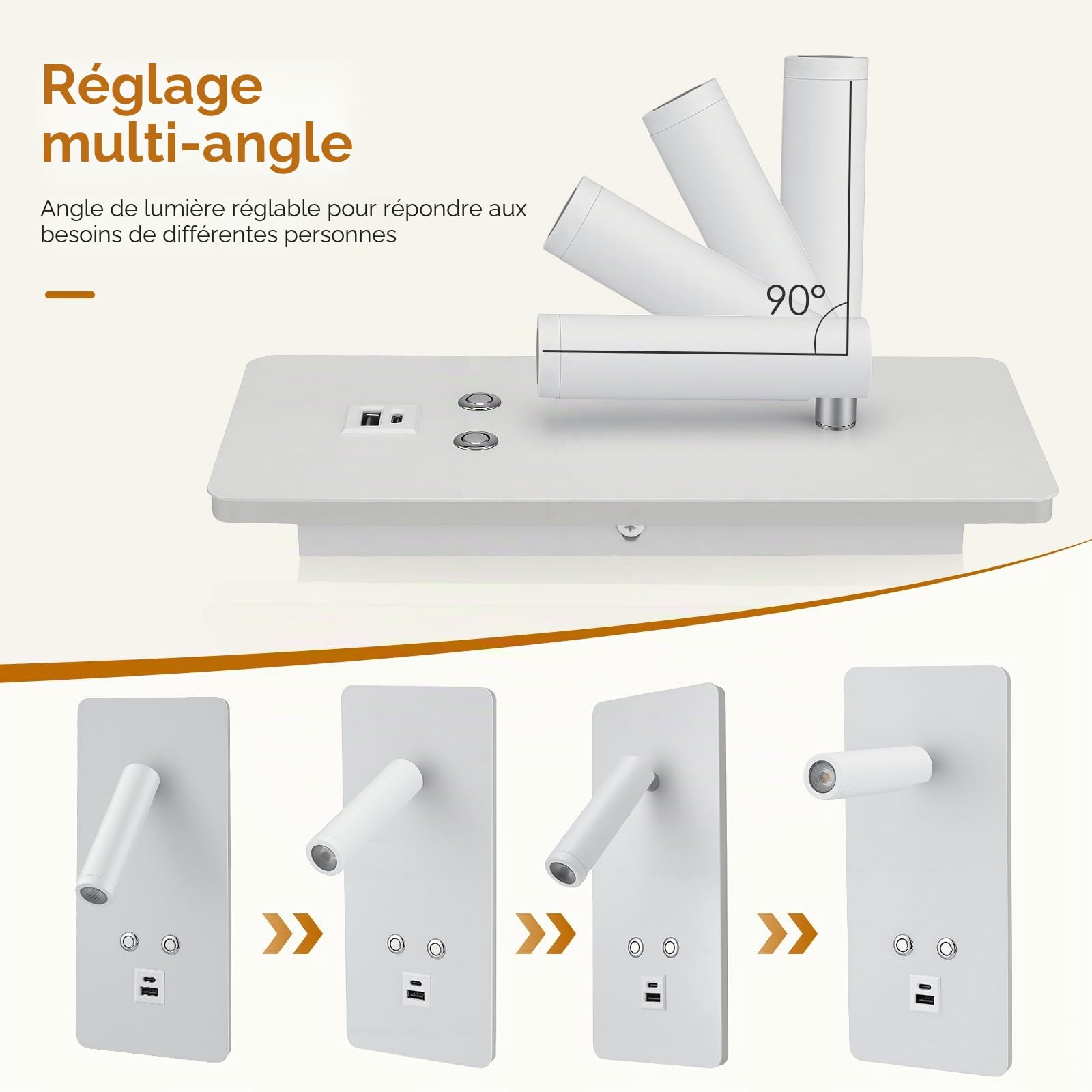2Pcs Liseuse Applique Murale LED avec Interrupteur, Port USB et Type C, Liseuse de Chevet Dimmable en continu, 3W+9W 3000K Moderne Li-seuse Murale Chambre pour Chambre Salon Hôtel Lire(D)
