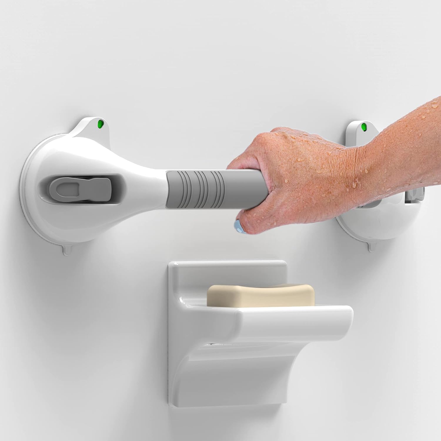 AmeriLuck 16.5inch Suction Bath Grab Bar with Indicators, Balance Assist Bathroom Shower Handle (White/Grey, Pack of 1)