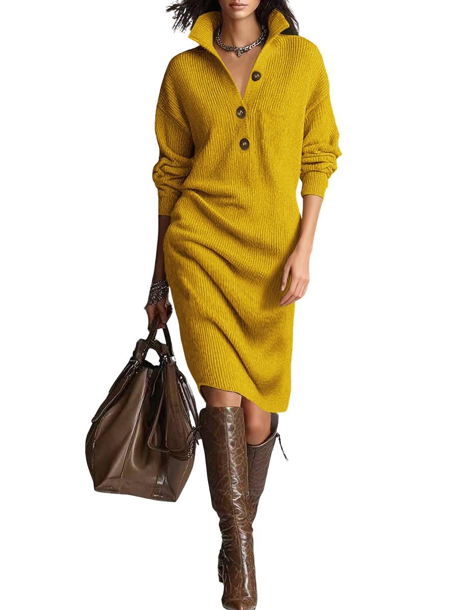 chouyatou Women's Fall Ribbed Knit Sweater Dresses Button Up Polo Collar Long Sleeve Knitted Midi Long Dress