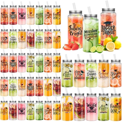 Reallnaive 48 Pcs 2025 Graduation Gifts Bulk Graduation Plastic Cups 13. 5 oz Class of 2025 Mason Jars with Straws Reusable Happy Class Tumbler for Congrats Grad Party Gifts