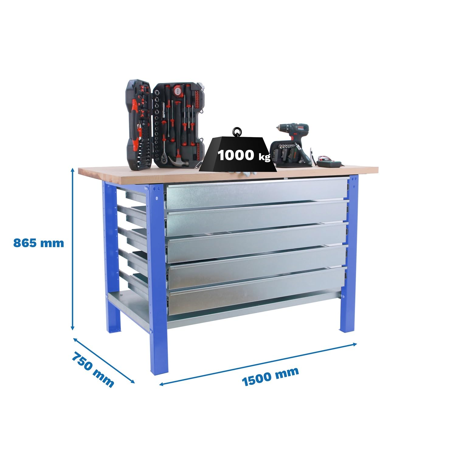 SimonRack Banco de Trabajo Taller, Capacidad Carga 1000 kg, 865x1500x750 mm, Mesa de Trabajo, 5 Cajones, Azul/Haya - BT6 PRO | Tablero Madera Alistonada 32 mm, Capacidad Carga 1000 kg, Madera Haya, Azul , Pintura anticorrosión