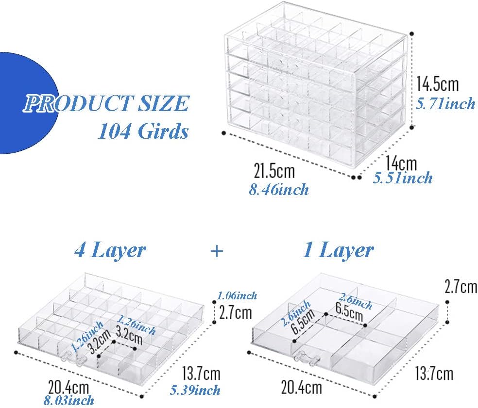 YUFONG Jewelry Boxes Earring Storage Box Organizer 5 Drawers Jewelry Organizer Acrylic Jewelry Storage Box Holder Compartment Transparent Display Storage Case Gift for Women Girls (102 Girds)