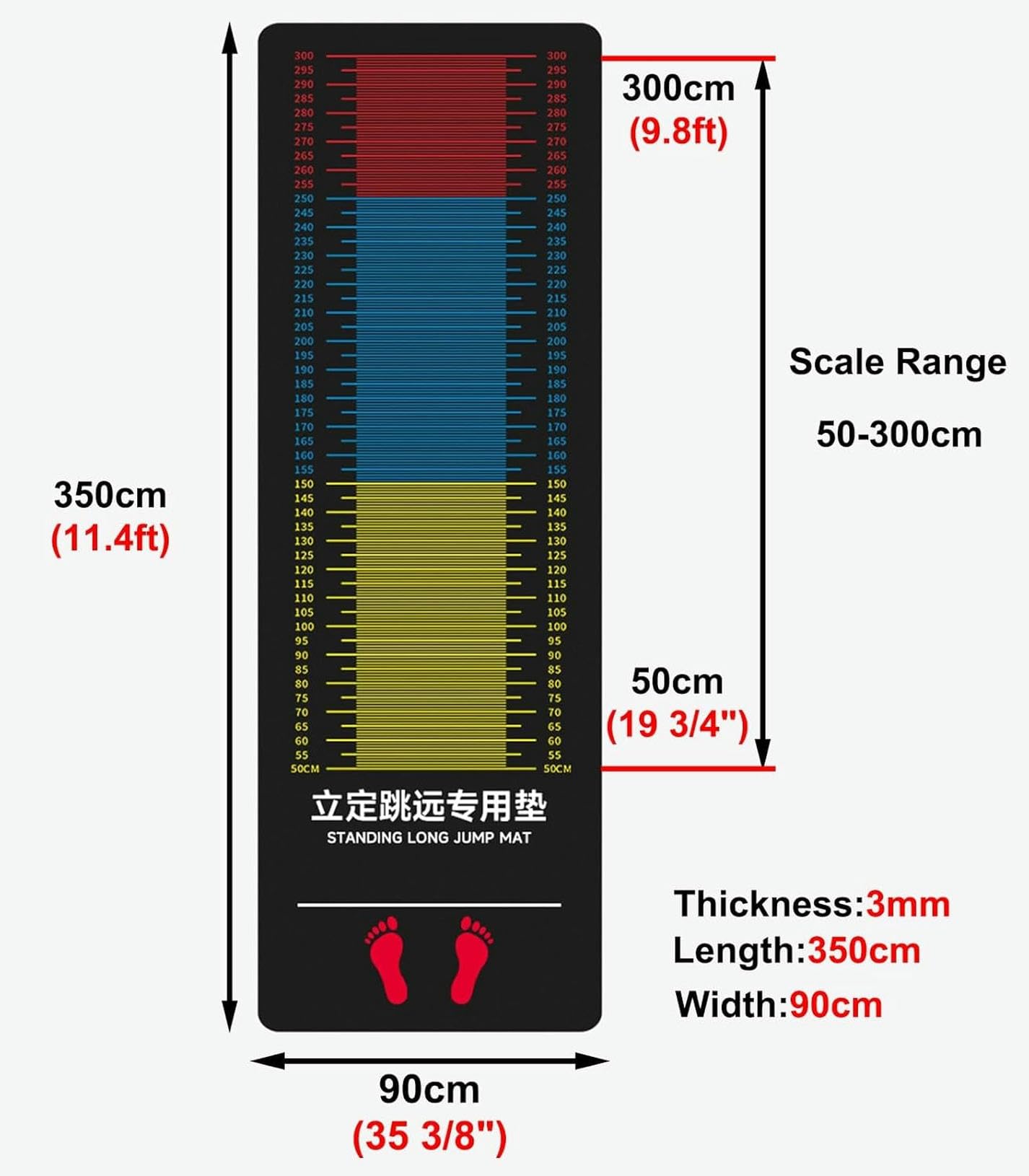 Mata do pomiaru skoku w dal, Mata do skoku w dal Trening na świeżym powietrzu w pomieszczeniu Antypoślizgowa gumowa tablica pomiarowa 350x90cm Twarde podłogi