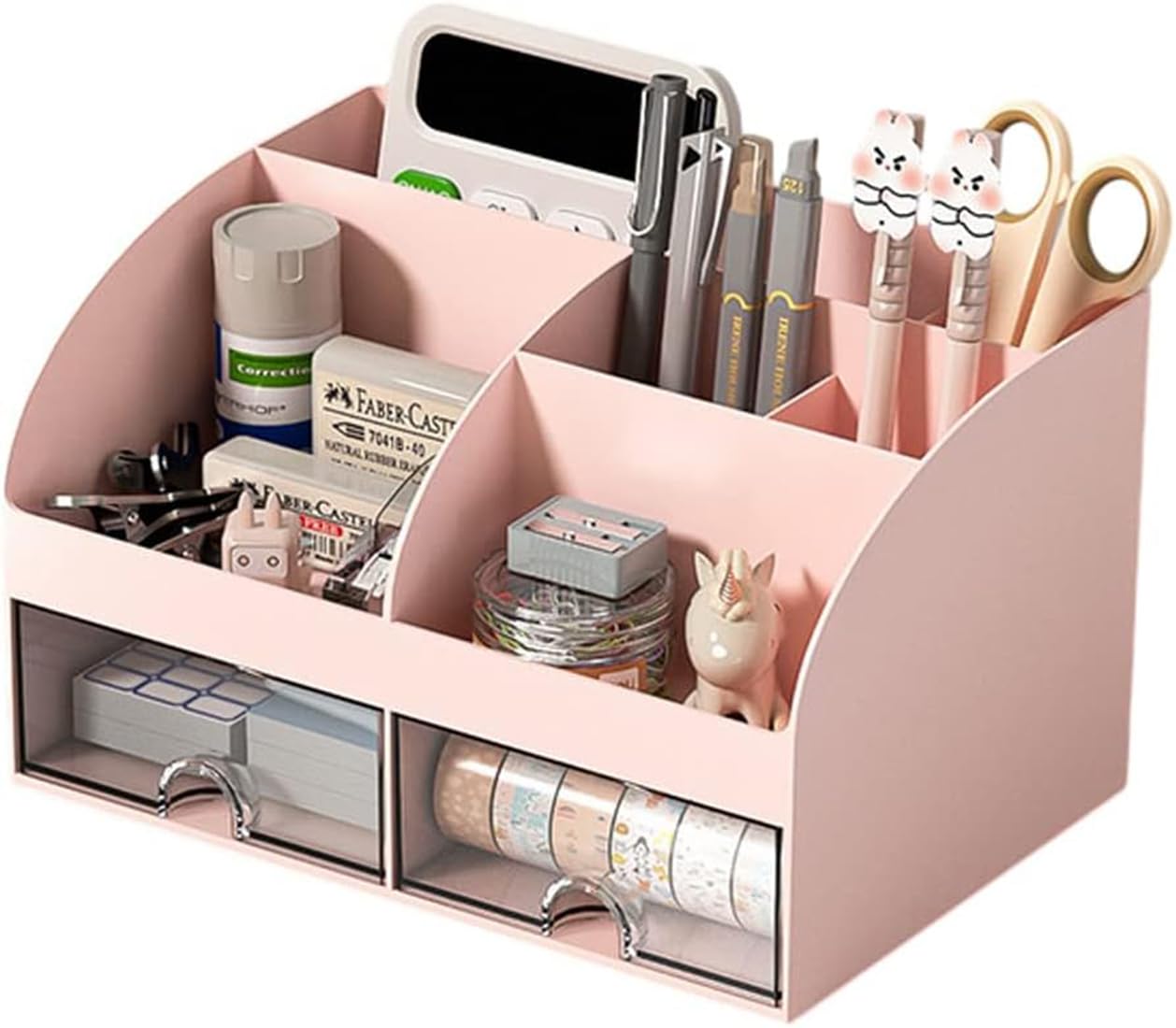 Styleys Desk Organiser with 6 Compartments & 2 Drawers | Desktop Stationery Storage Box for Pens, Staplers, Clips, Sticky Notes, Mobile Holder | Office & Study Table Organizer - W3505,Pink