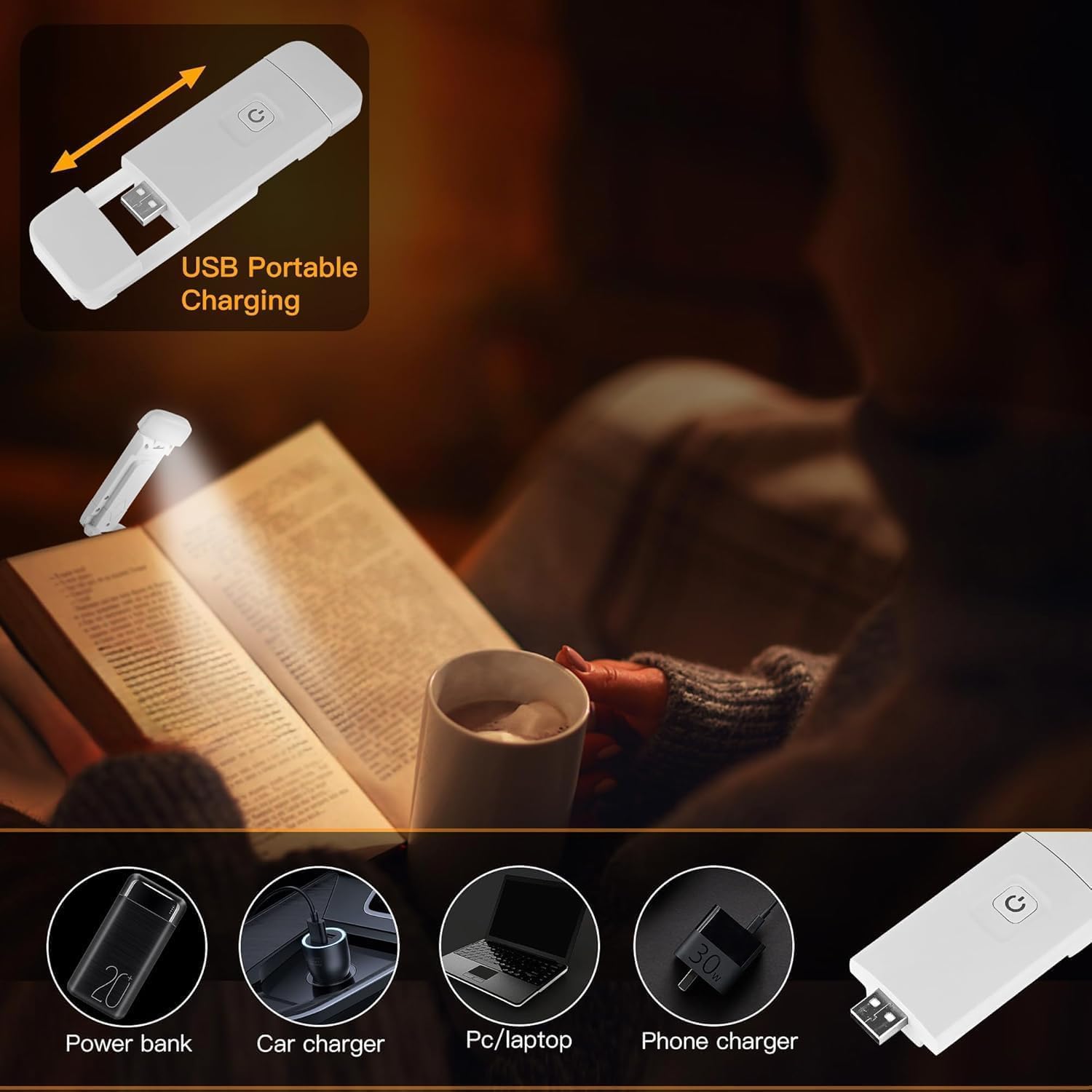 KunHe Confezione da 60 luci per libri ricaricabili tramite USB, per leggere di notte a letto, luci da lettura a LED con clip, per bambini e adulti, regalo di Natale per uomo donna e amanti dei libri