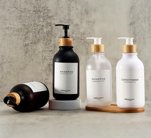 Miniatura 7 de Gails Willing Botellas de champú y acondicionador resistentes esmeriladas, dispensador de boticario, bomba de bambú, botellas de champú recargables