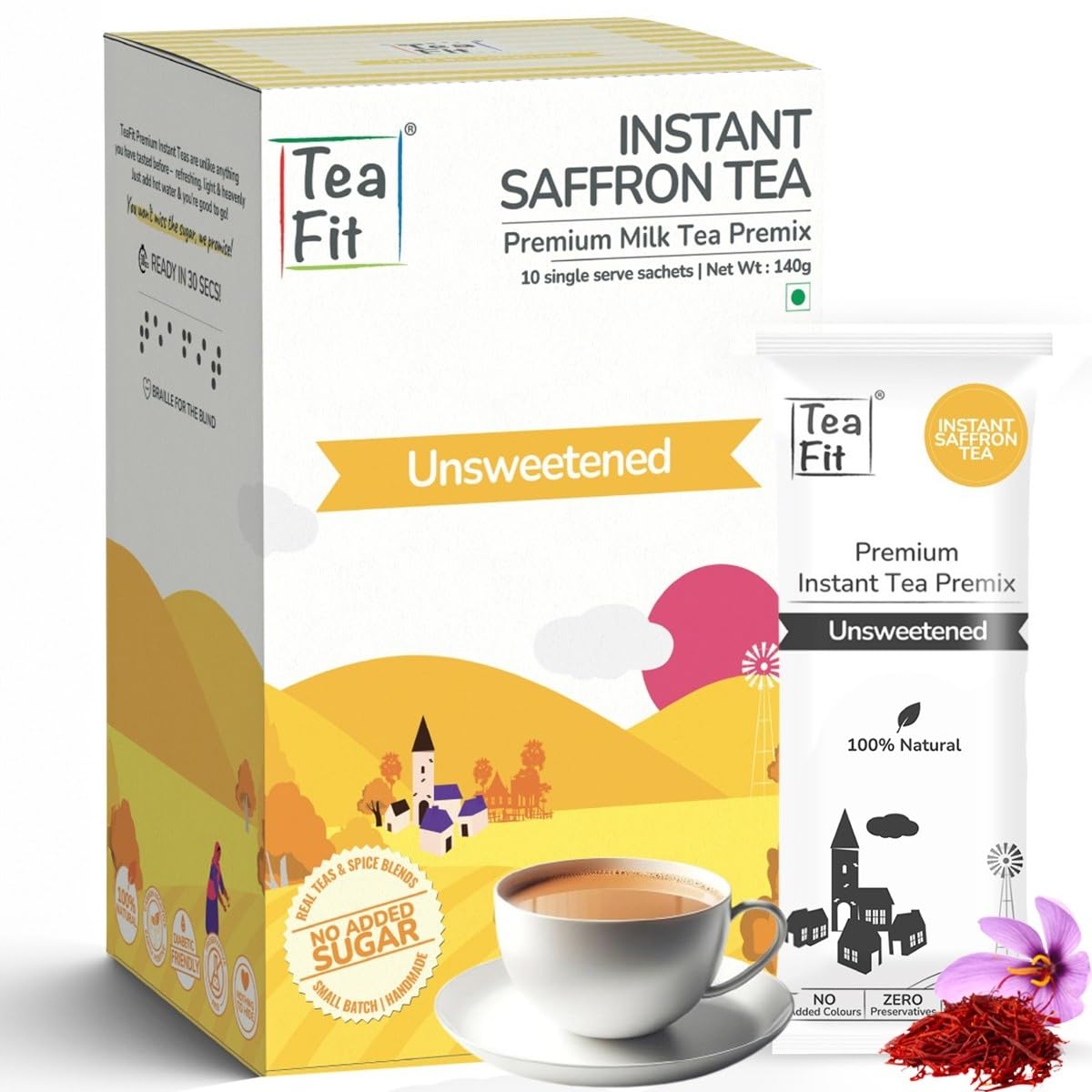 Premium NO SUGAR Instant Saffron Tea Premix | Pack of 10 Sachets (140gm) | Real Milk & Saffron | Home Style Kesar Chai | Milk Tea Premix | Diabetic Friendly | No Added Sweeteners