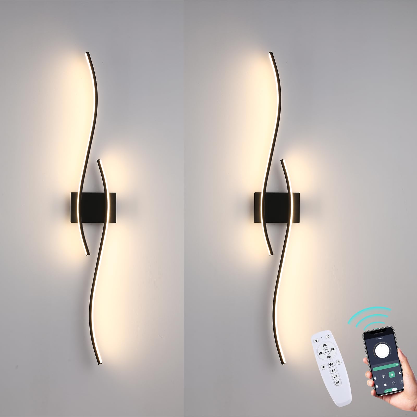 2 Pack Black Wave Wall Sconce 39.37in Modern Led Wall Lamps Bathroom Vanity Lights Lighting Fixtures Over Mirror with App Smart Dimmable Light Bar for Bedroom Bedside Living Room Picture Lights