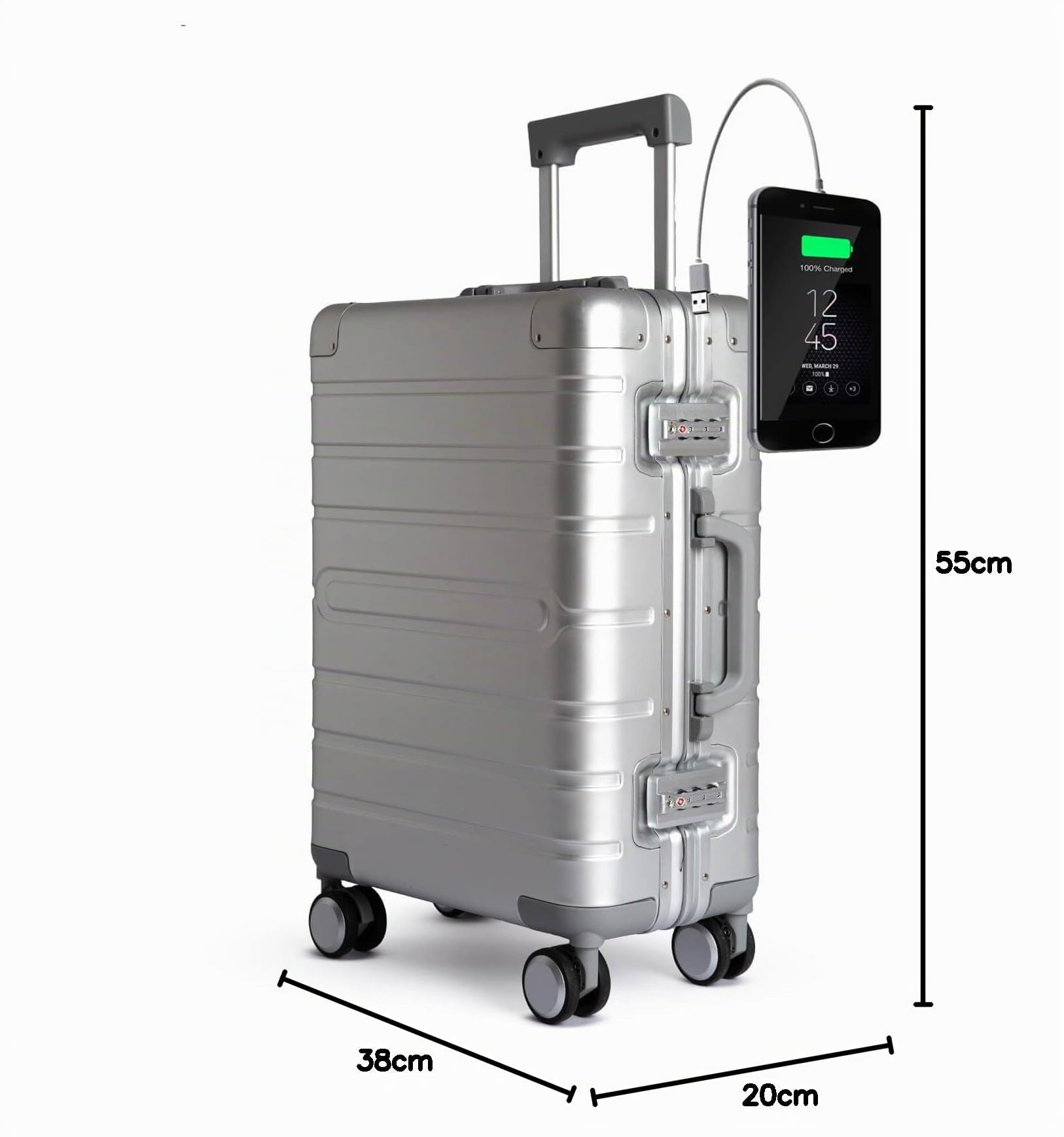 Valigia in Alluminio Bagaglio Cabina Trolley a Mano Rigida 55x35x20 cm SILVER OSAKA con USB e Caricatore | Valigia da cabina in alluminio argento, rigida e moderna; caricatore USB, 4 ruote doppie 360 e chiusura TSA