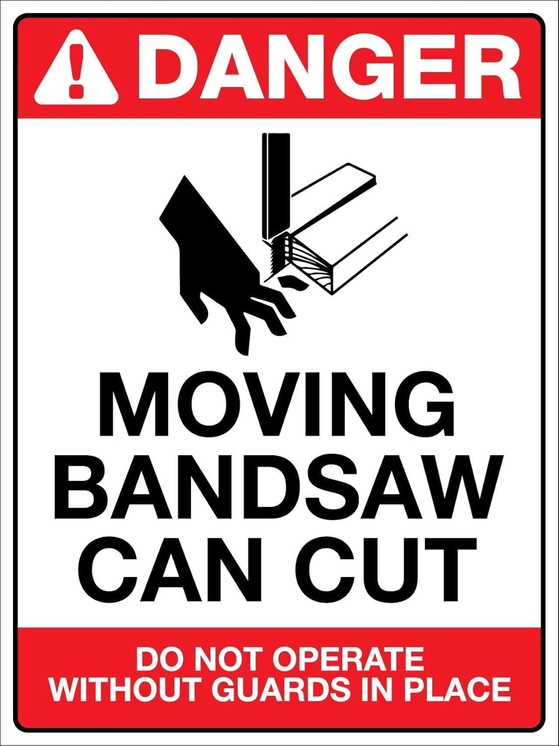 Moving Bandsaw Danger Sign, Indoor Outdoor Mechanical Operation Safety Reminder Tin Sign 12x8 Inch