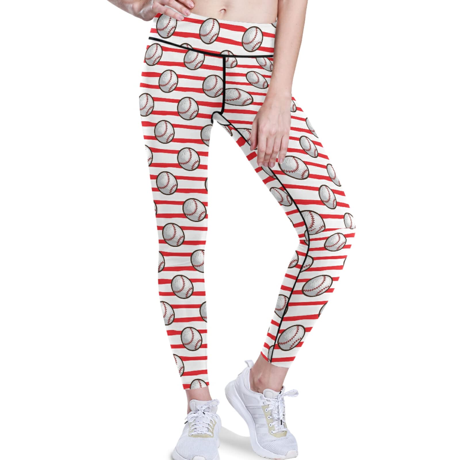 visesunny High Waist Yoga Pants with Pockets Baseball Red White Stripe Buttery Soft Tummy Control Running Workout Pants 4 Way Stretch Pocket Leggings