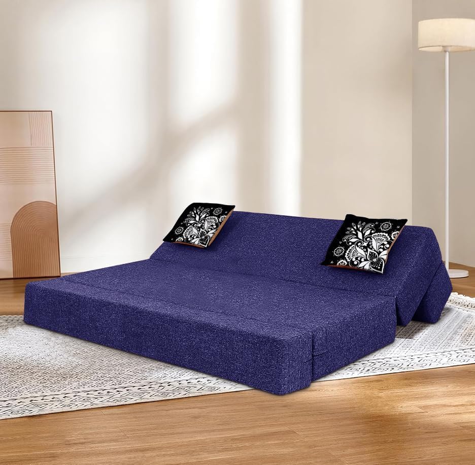 Image of Rosebell Two Seater Sofa Cum Bed | Jute Fabric Washable Cover | with Cushions Perfect for Guest | Purple-Color | 4' X 6' Feet