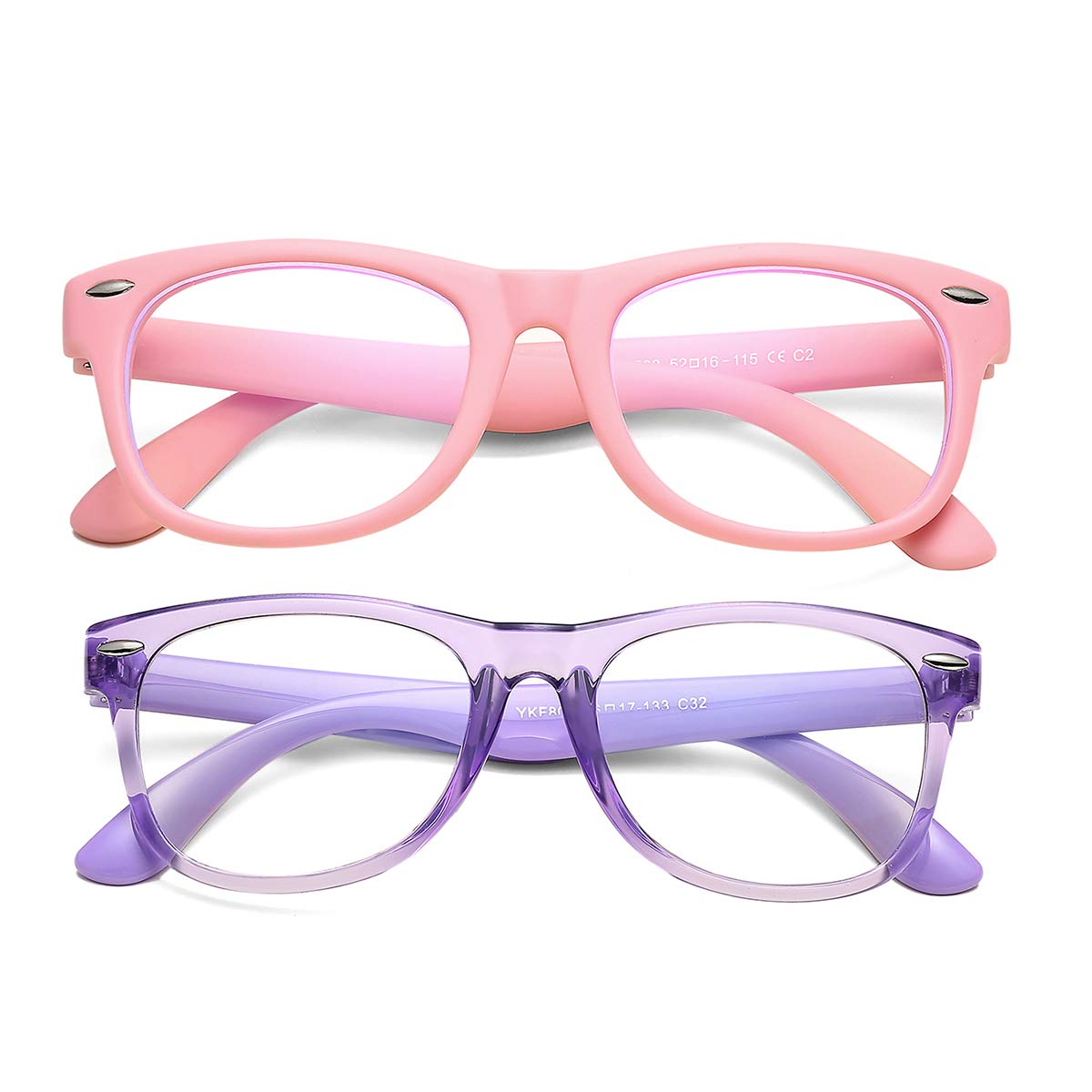 AZorb Kids Blue Light Blocking Glasses 2 Pack Unbreakable Frame for Boys & Girls-2 Pack(All Pink+Transparent Purple)