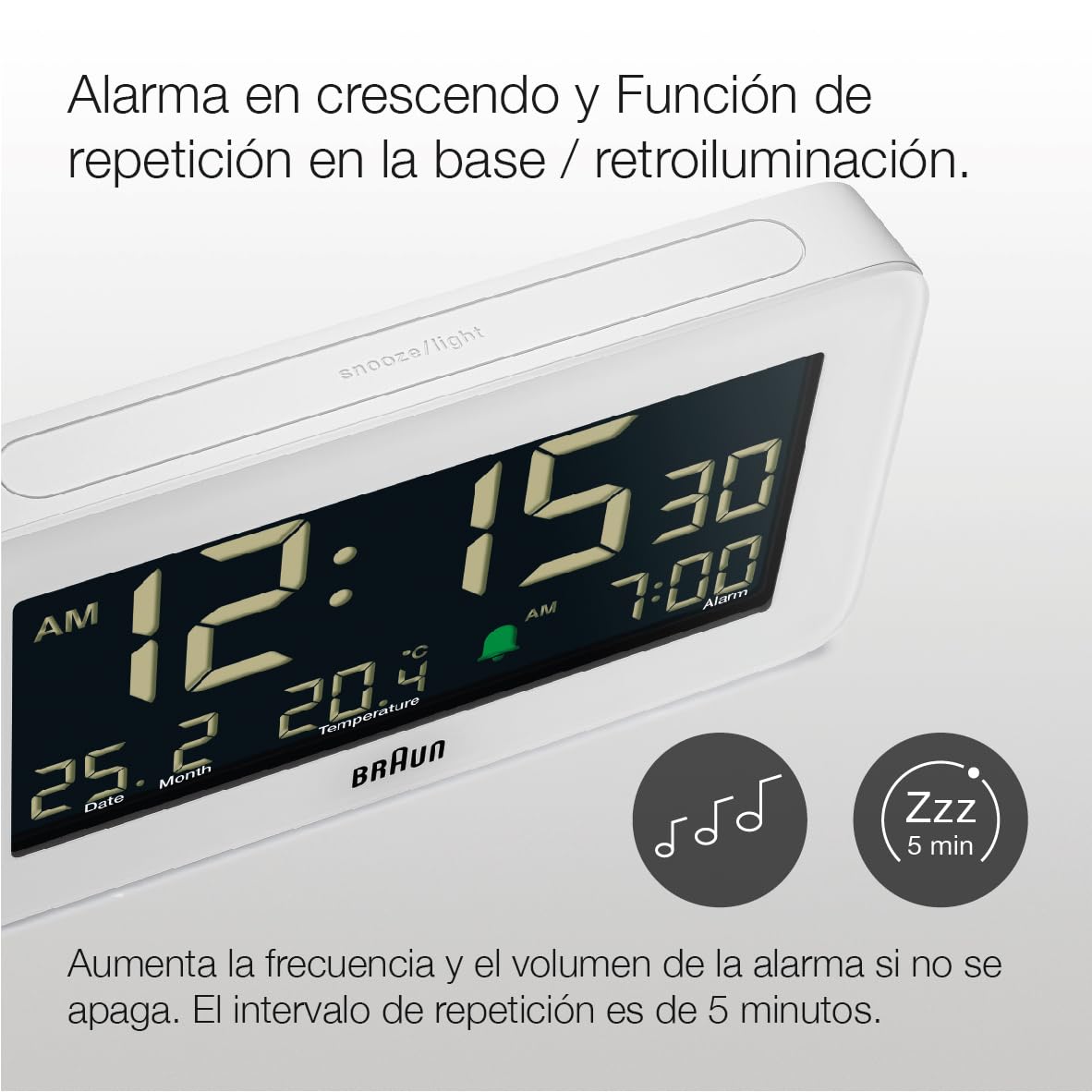 Braun Reloj Despertador Digital visualización de Fecha, Mes y Temperatura, Pantalla LCD Negativa, Ajuste rápido, Alarma en Crescendo, Blanco, Modelo BC10W.