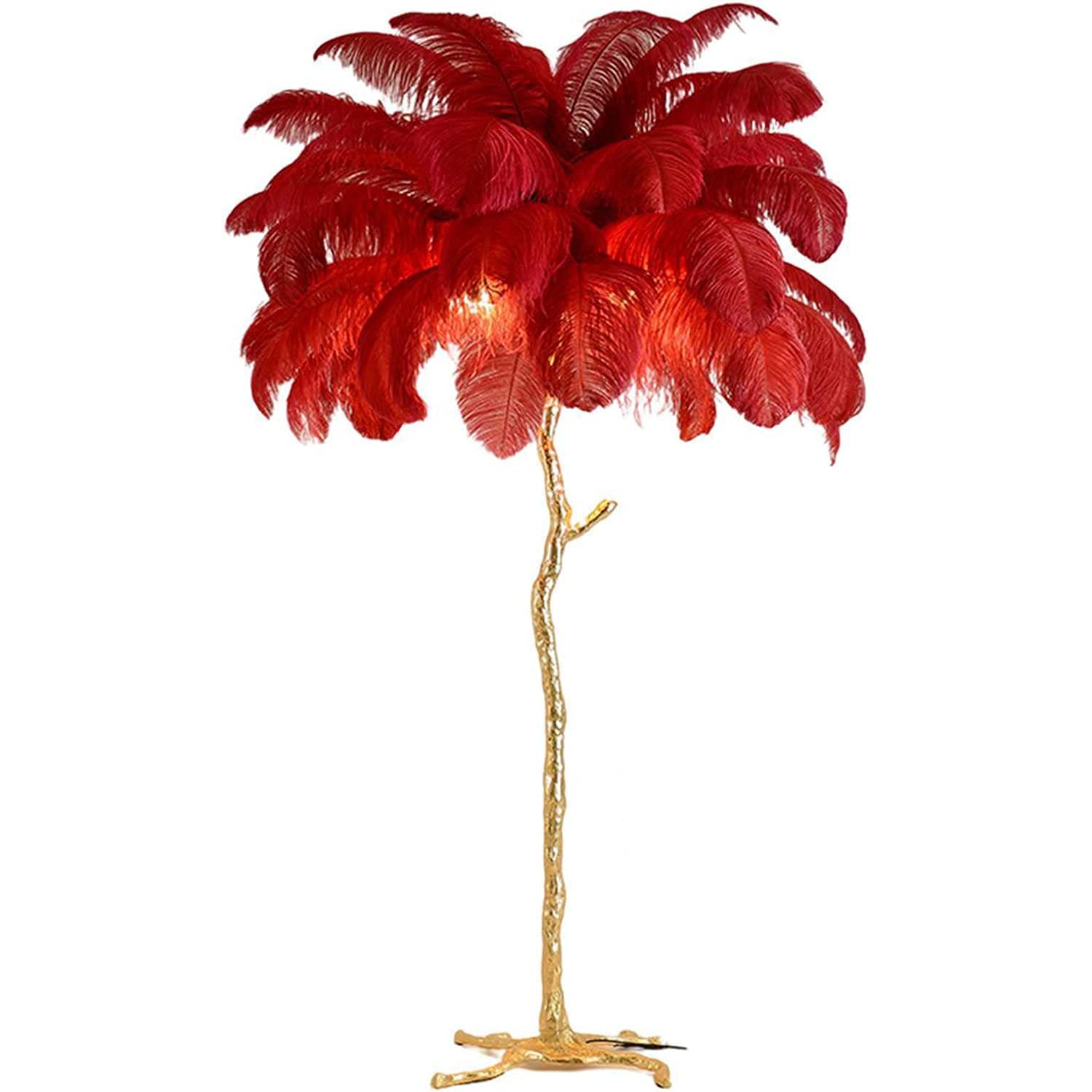 Psfghvz Natural Ostrich Feather Floor Lamp, Resin Feather Standing Lamp, Simple Modern Bedroom and Living Room Standing Lamp, Golden Lamp Body, Dimmable with E14 LED Bulb, 170cm, Red