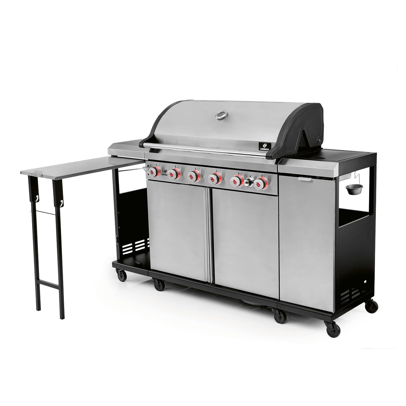 LANDMANN Barbacoa de gas 6.1 con 6 quemadores, zona MaxX, gran superficie de parrilla y rejillas de hierro fundido, potente parrilla para jardín y exterior, con reguladores LED y mesa lateral para una