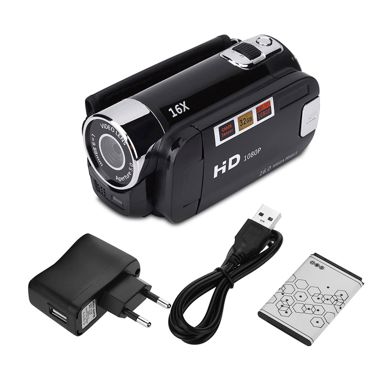 Akozon Videocámara de Mano Cámara Vlogging FHD 16X Zoom Digital, Rotación Full HD 16X Videocámara de Alta Definición Cámara Tragbar DV (Black)