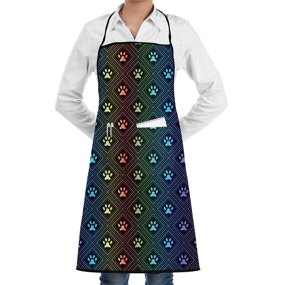 Rainbow Dog Paw Print Diamond Shaped Chef Birthday Apron for Women Men Mom Dad Wife Kitchen Aprons Cook Bib for Cooking Baking Grilling BBQ with Pockets