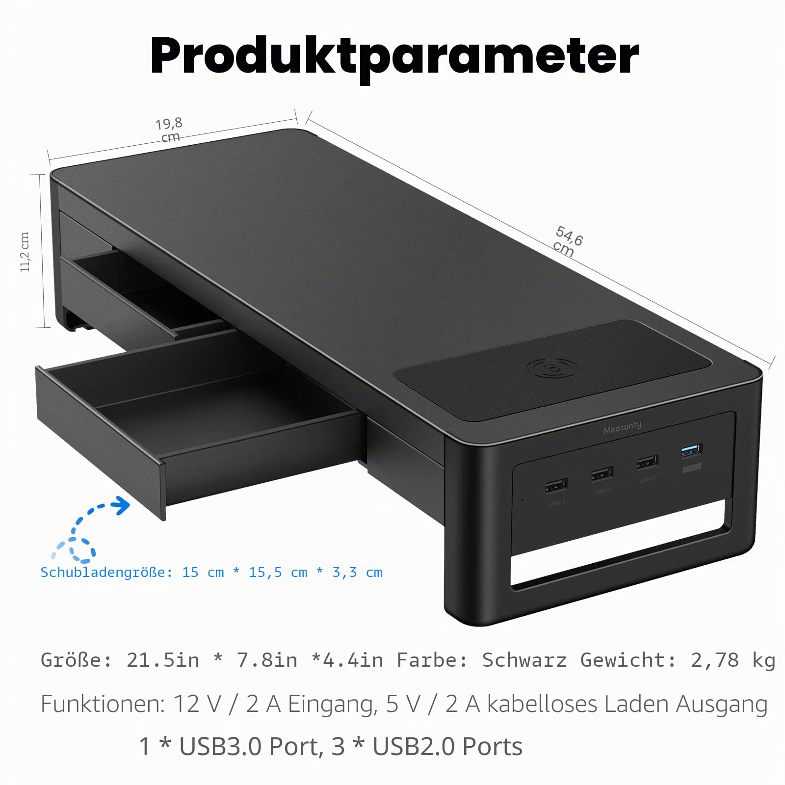 meatanty Monitorständer mit Schublade, USB und kabellosem Laden | Metallständer mit 4-Port-USB-Hub für PC, Notebook oder Drucker und praktische Schreibtischorganisation.