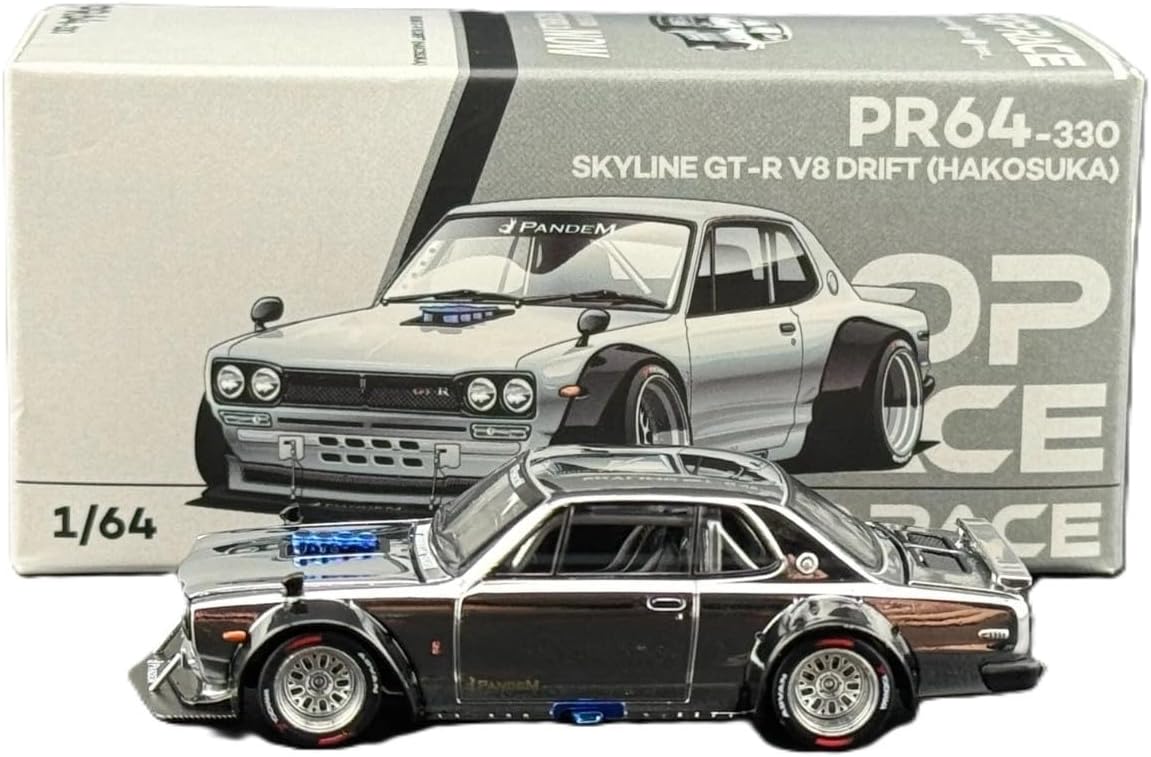 1:64 Diecast Model Car Compatible with Nissan Skyline GT-R V8 Drift (Hakosuka) Silver Chrome Hong Kong Toy Car Salon 2025 Limited Edition by Pop Race PR640330