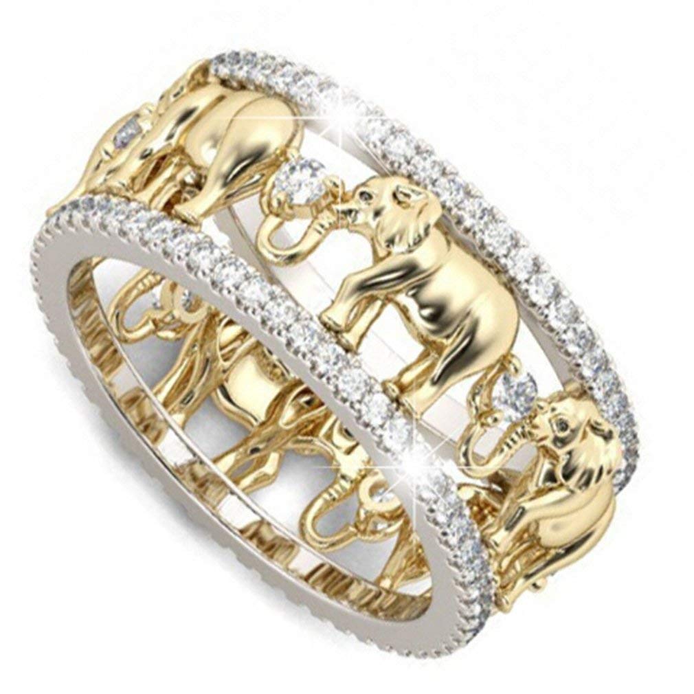 MAIHAO Yellow Gold Lucky Gold Elephant 925 Silver 1.5Ct White Topaz Wedding Women Men Ring Size 6-10 (US Code 7)
