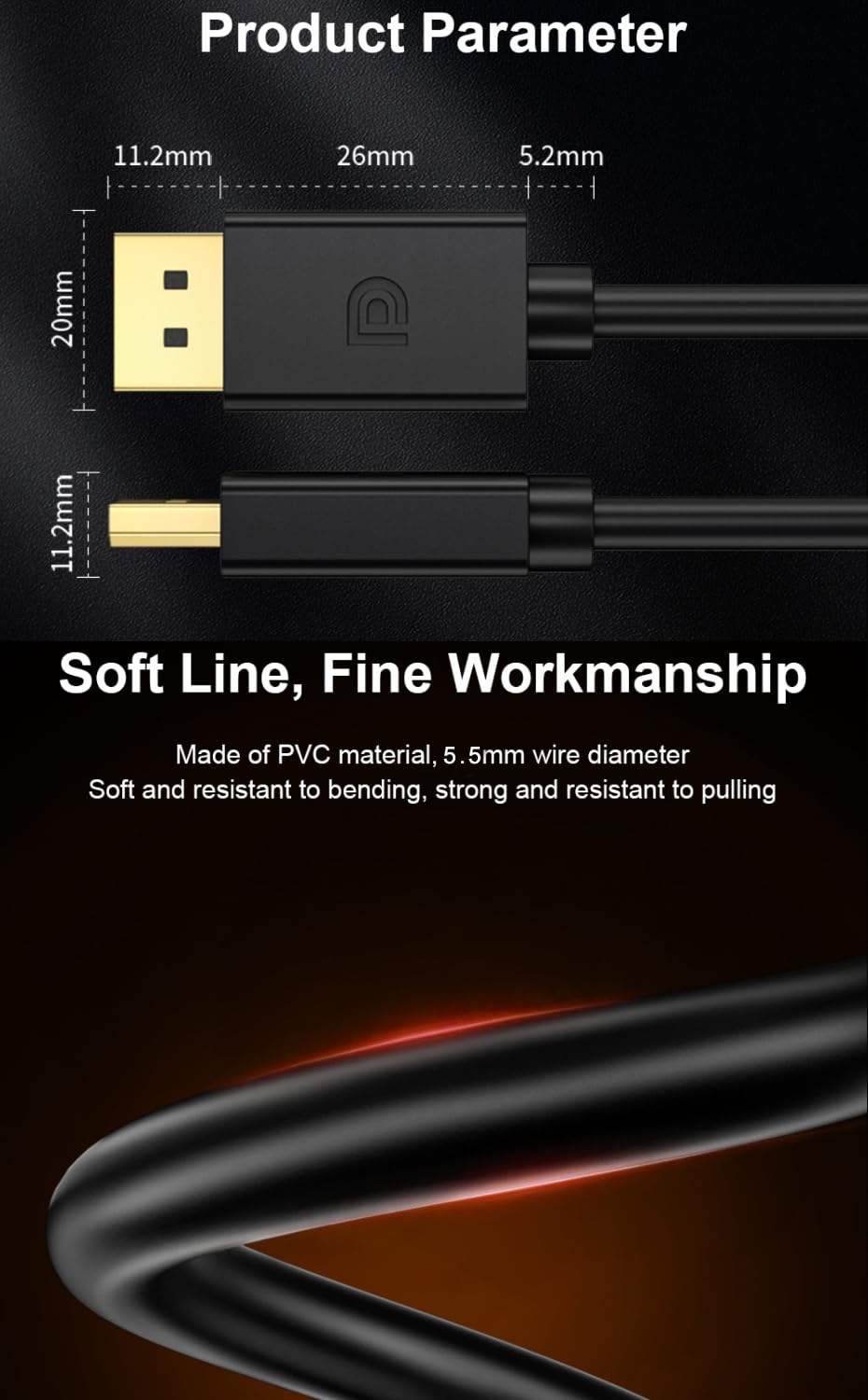 QCEs Cavo DisplayPort 1.4, cavo DP 8K da 2 m, cavo DisplayPort per 8K a 60Hz, 4K a 144Hz, 2K a 240Hz, HDR, connettori placcati oro da 32,4 Gbps per monitor da gioco, FreeSync/G-Sync, PC, laptop, TV