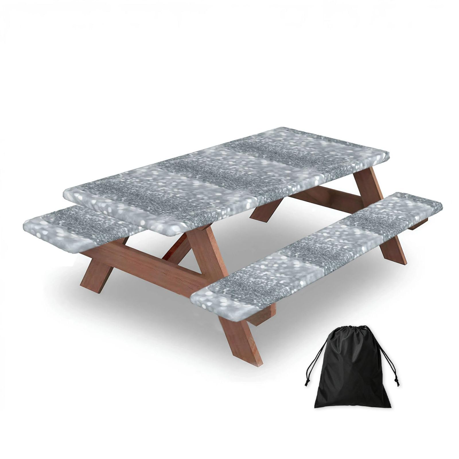 Dopklna As Picture White Silver Glitter Bokeh Glam Trendy Sparkle, Picnic Table Cover With Bench Covers -Waterproof Elastic Fitted Tablecloth For Garden Camping Patio 76X152cm