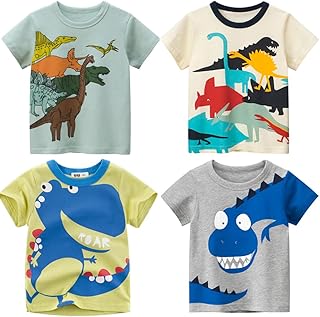 NautySaurs 4-Pack Toddler Boys Dinosaur Shark Excavator T-Shirts Graphic Short Sleeve Tees