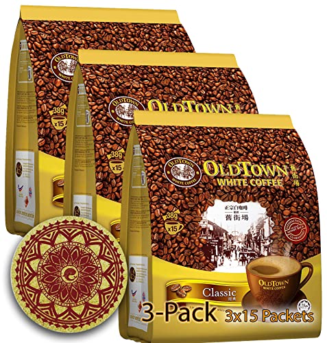 (3-Pack - Classic) OLD TOWN (3 in 1) Classic White Coffee Asian Instant Coffee Coffee Lover Package with a WHALEVER Eco Friendly Cork Coaster Coffee Lover Package, oldtown White Coffee 45 Packets