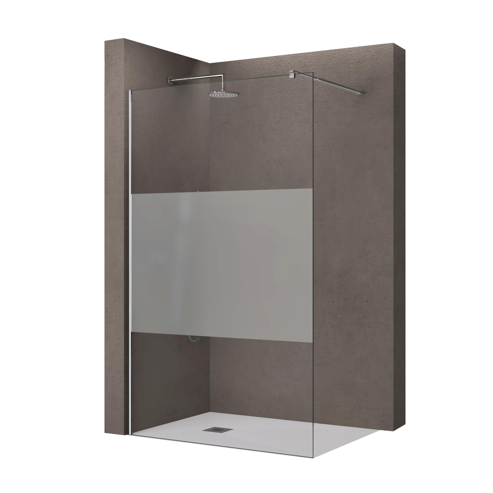 doporro Walk In Parete Doccia 50x200 cm Vetro 10mm Temperato Anticalcare Striscia Satinata Opaca con Barra Stabilizzatrice regolabile da 70-120cm Profilo Cromato Bremen02MS