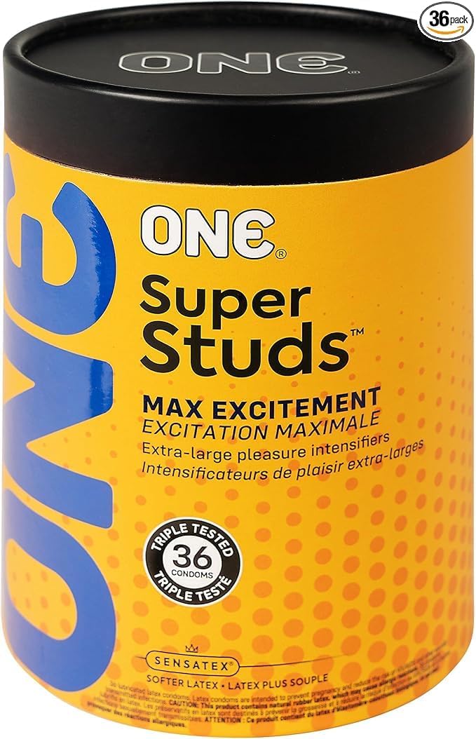 ONE Super Studs Ribbed & Studded Latex Condoms with Brass Pocket Case, 36 Count