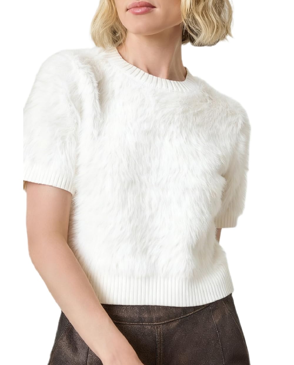 Lordree Fuzzy Cropped Sweater for Women Fluffy Short Sleeve Crew Neck Ribbed Knit Pullover Shirt Furry Jumper Sweaters