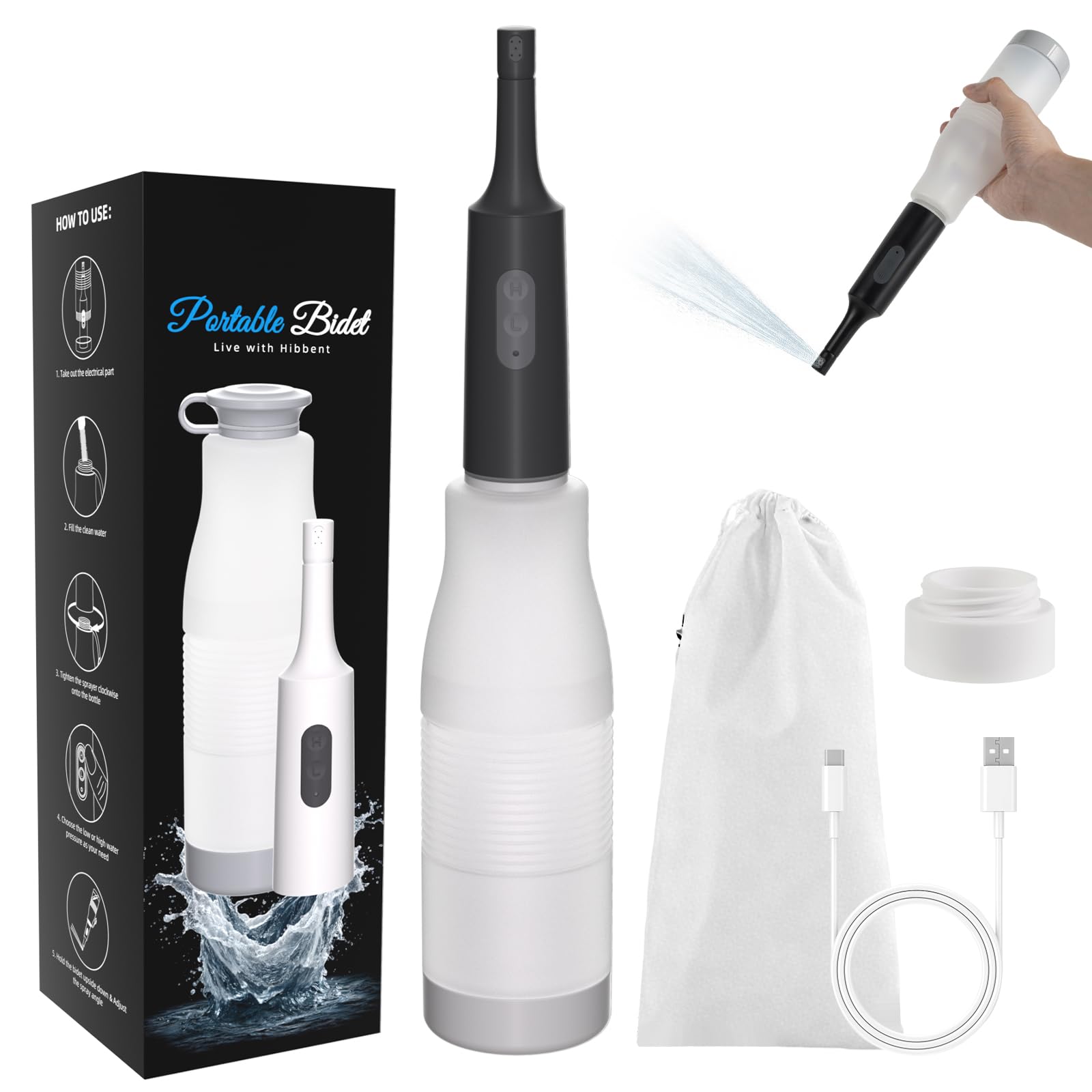 Hibbent Portable Bidet for Travel, High Pressure Electric Handheld Bidet Sprayer, 350-550ML Expandable Bottle for Personal Hygiene, USB-C Rechargeable Waterproof, Travel Sprayer for Women &