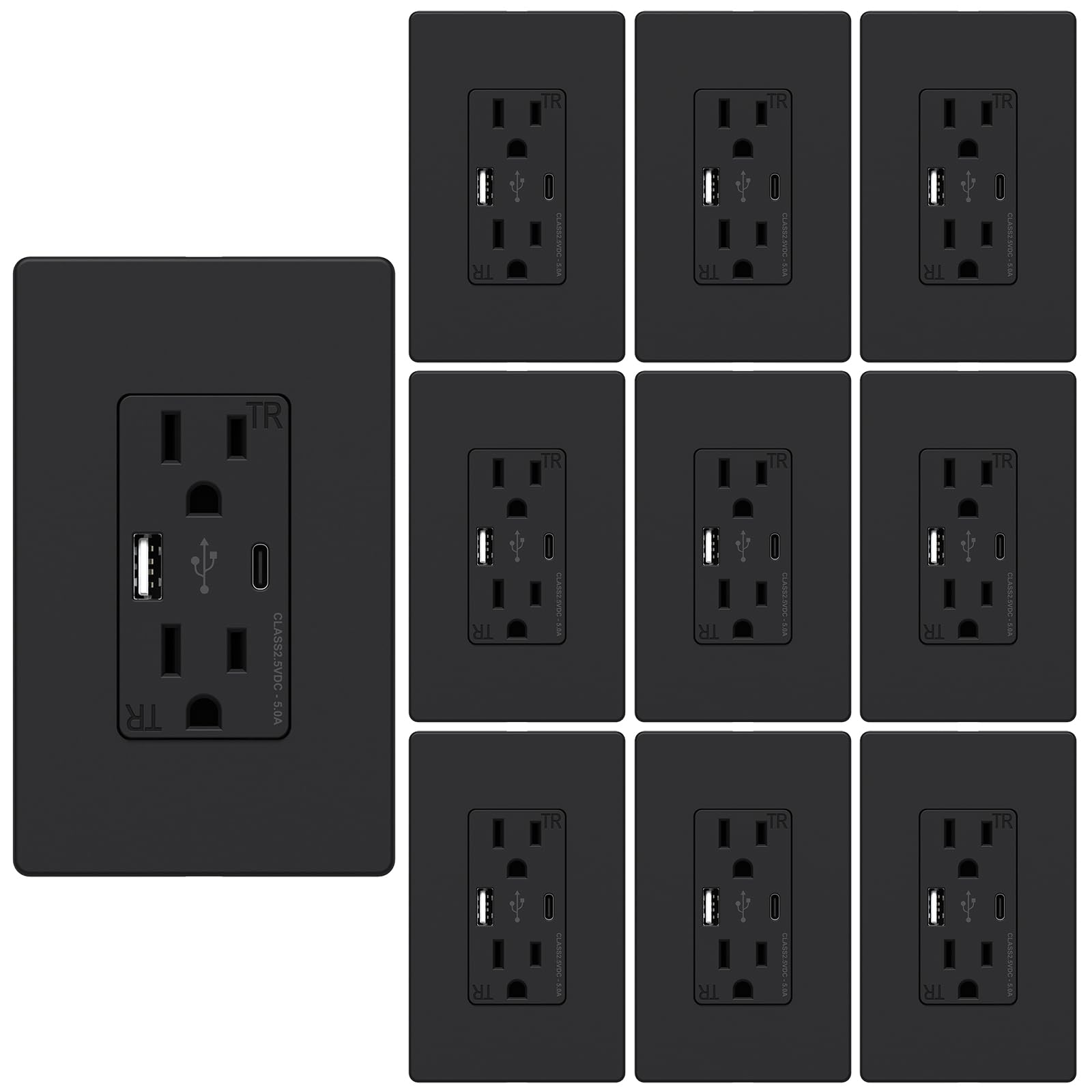 WEBANG Toma USB C, 25 W, 5.0 amperios, 2 puertos, toma de pared resistente a manipulaciones de 15 A con puertos USB C, placa de pared sin tornillos incluida, certificación ETL, negro mate, paquete de
