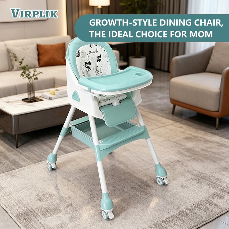 Foldable 4-in-1 Baby High Chair for Babies & Toddlers, High Chair with Detachable PU Cushion, Removable Tray, Adjustable Height, Locking Wheels,Mint Green thumbnail