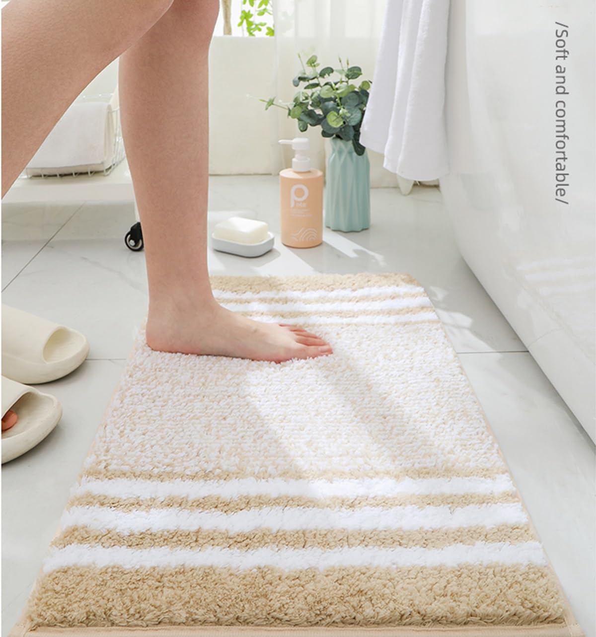 Bathroom Rugs Anti-Slip Washable Mat for Bathroom Floor Carpet Absorption of Water Feel Comfortable and Skin Soft Fluffy Rebound for Long Time with No Collapse Care of Your Feet-Striped Camel