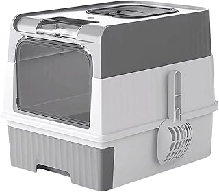 kathson Foldable Cat Litter Box with Lid Large Enclosed Kitty Potty Anti-Splashing Cat Toilet Top or Front Entry Top Exit Drawer Type Cat Litter Pan with Cat Litter Scoop Easy to Clean (Gray)