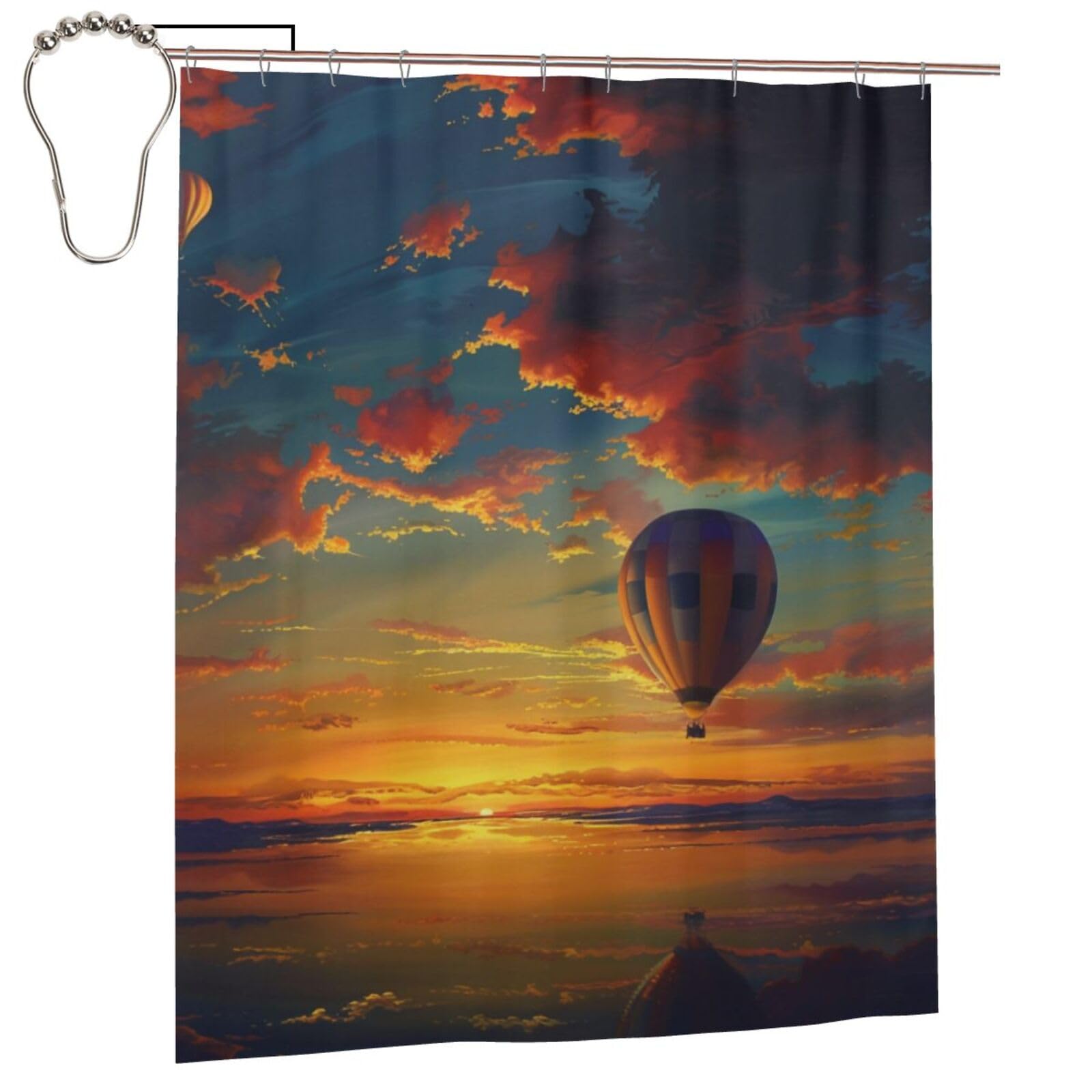 BWWHCCTI hot air balloon sunset Printed Shower Curtain With 12 Iron Hooks Opaque Quick Drying Waterproof Shower Curtains Sets For Bathroom 152x183 Cm