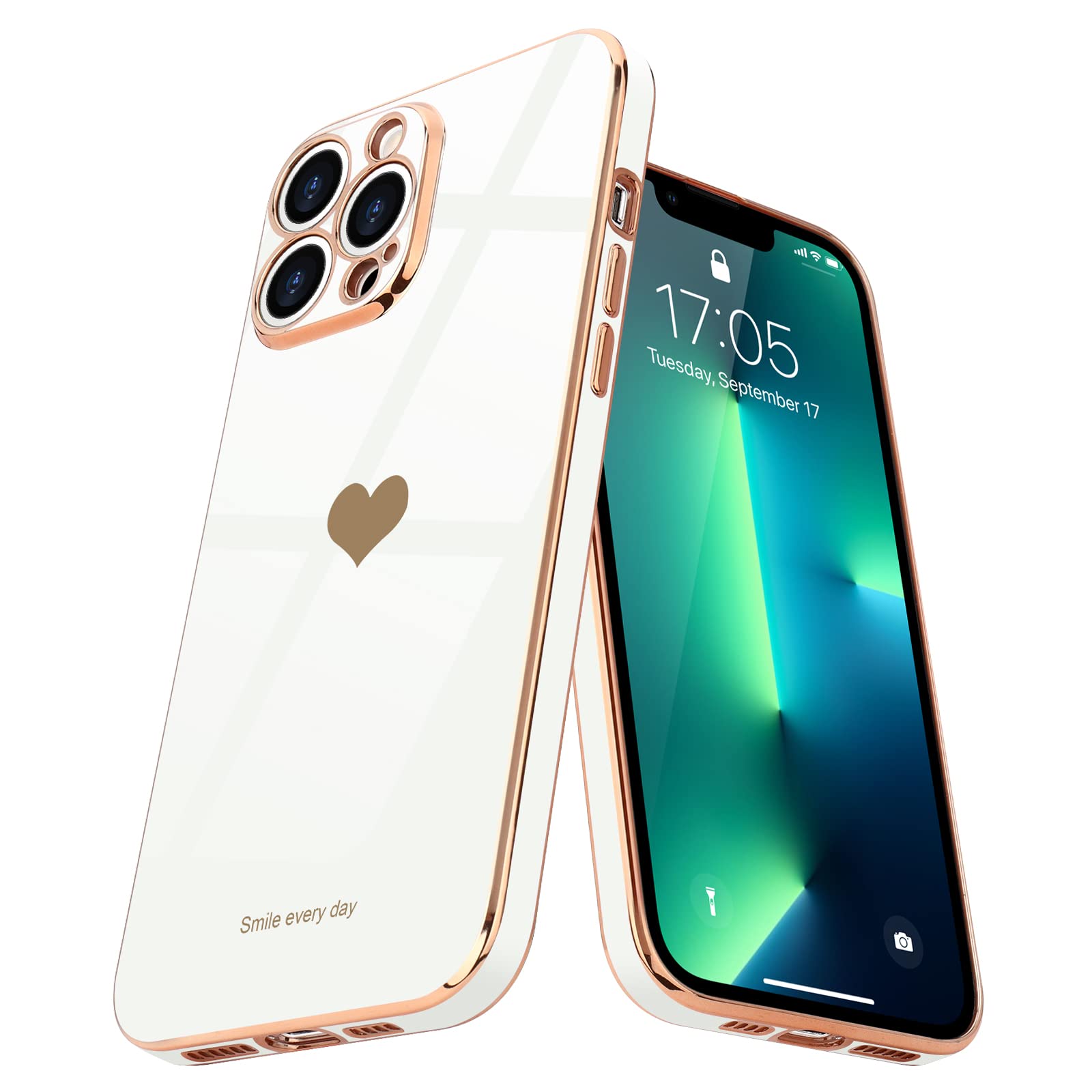 Teageo for iPhone 13 Pro Max Case for Women Girl Cute Love-Heart Luxury Bling Plating Soft Back Cover